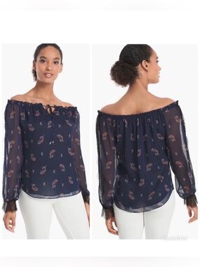 WHBM Paisley Off Shoulder Sheer Lace Sleeve Blue Blouse Tie Neck Boho Office Med